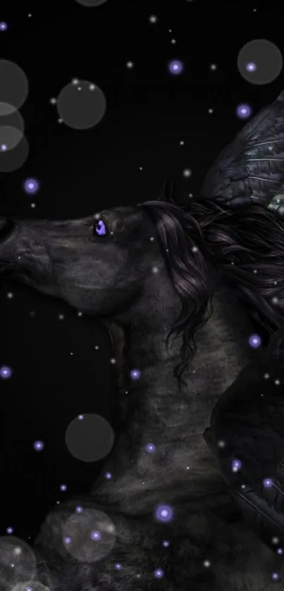 Black Pegasus with glowing purple eyes and ethereal lights.