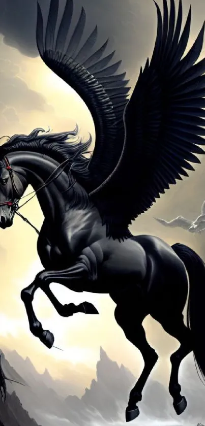 Black Pegasus with majestic wings in a fantasy landscape.