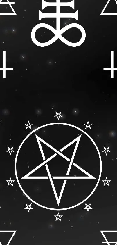 Black phone wallpaper with white mystical symbols and a central pentagram design.