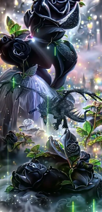 Mystical black roses with a dragon in a fantasy scene wallpaper.