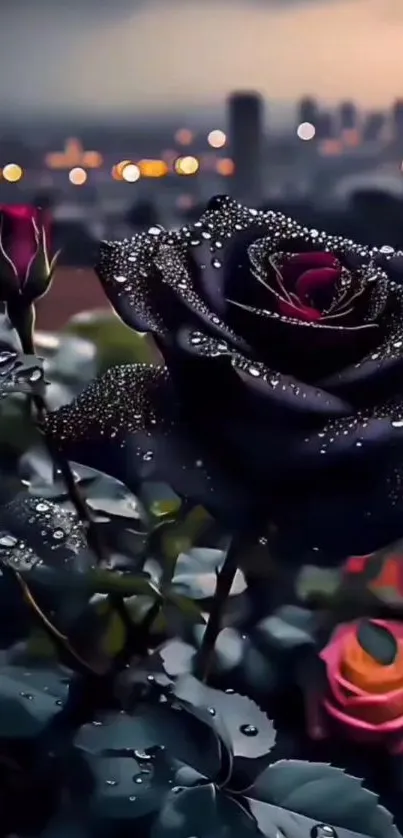 Mystical black rose with dewdrops set against a cityscape.