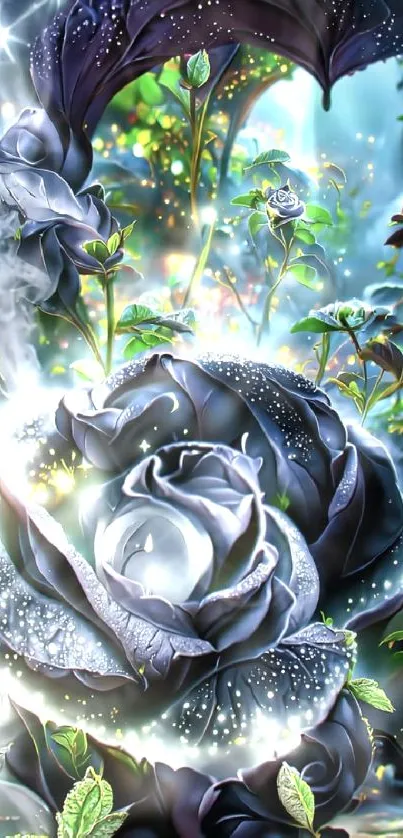 Mystical glowing black rose with ethereal sparkles.