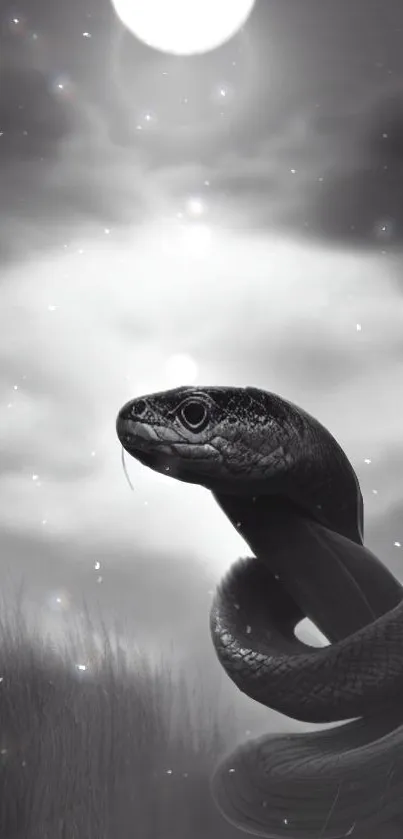 A mysterious snake winding under a moonlit sky in grayscale.