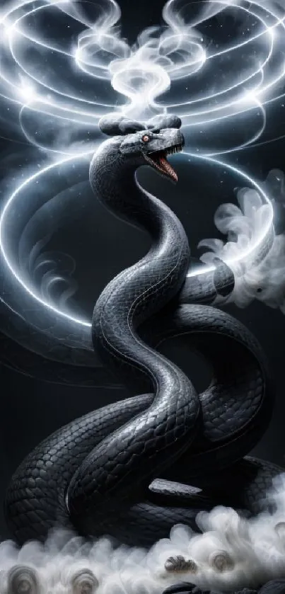 Artistic black snake with light swirls on a mystical dark background.