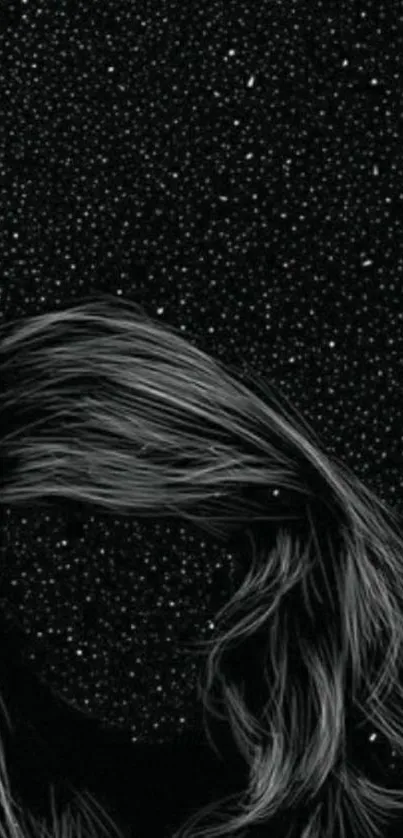 Mystical black wallpaper with starry sky and abstract hair-like patterns.