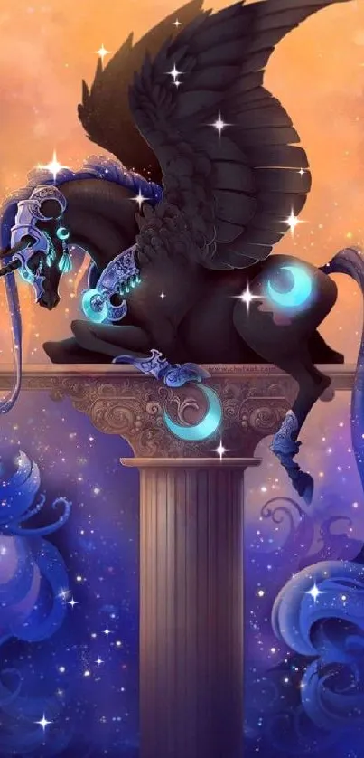 Black winged horse on pillar with cosmic backdrop.