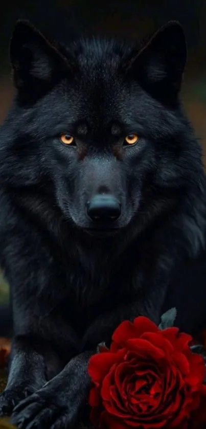 Black wolf with piercing eyes and red rose on dark background.