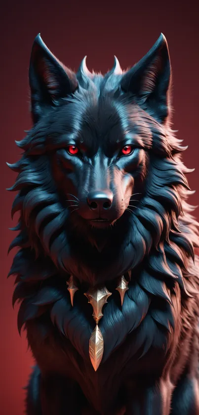 Mystical black wolf with red eyes and jewelry on a dark background.