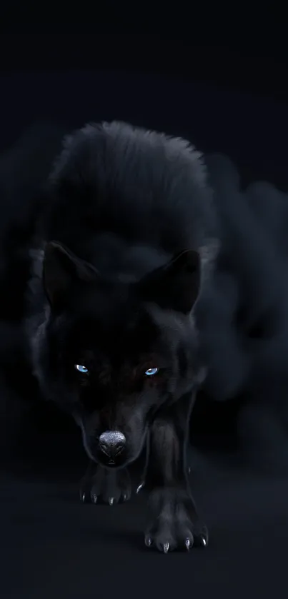 Black wolf with blue eyes in a dark, mystical setting.