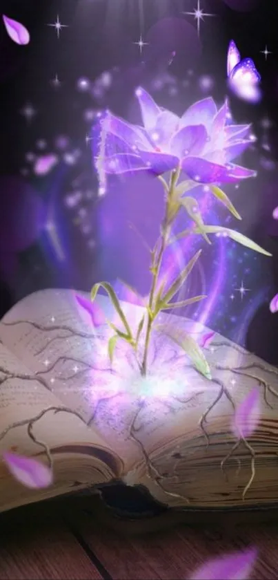 Mystical purple flower blooming from an open book with a magical glow.