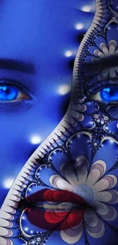 Mystical abstract face with blue and floral patterns in digital art.