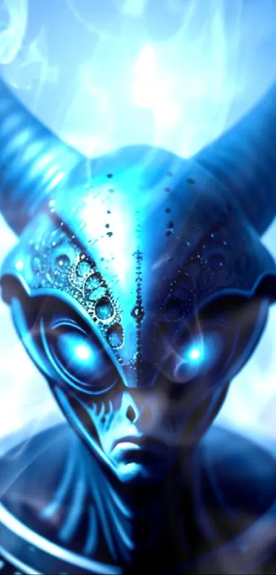 Mystical blue alien figure with horns and glowing eyes.