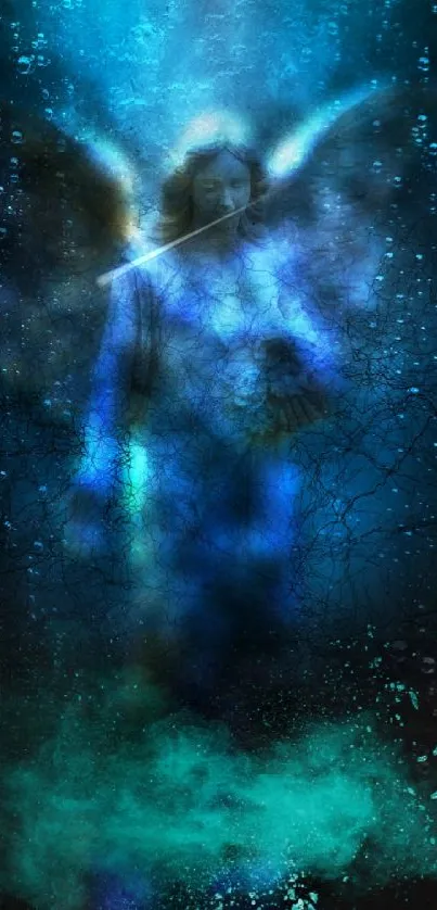 Mystical blue angel with ethereal aura on abstract background.