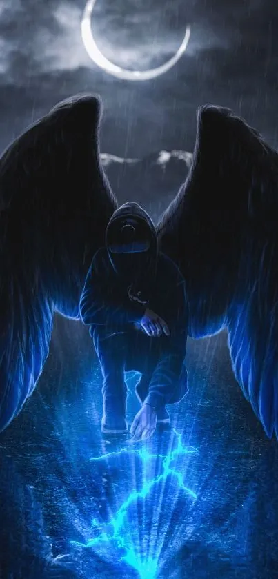 Dark angel with wings under crescent moon, glowing blue.