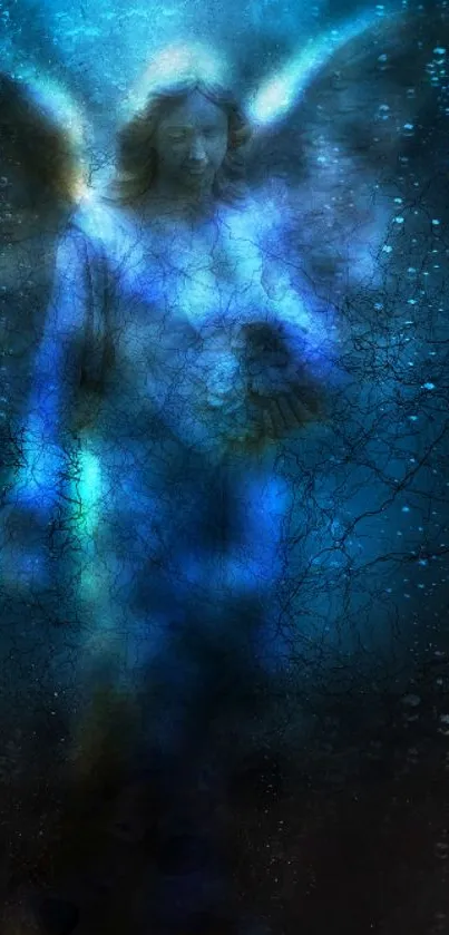 Mystical blue angel with ethereal glow in spiritual atmosphere.