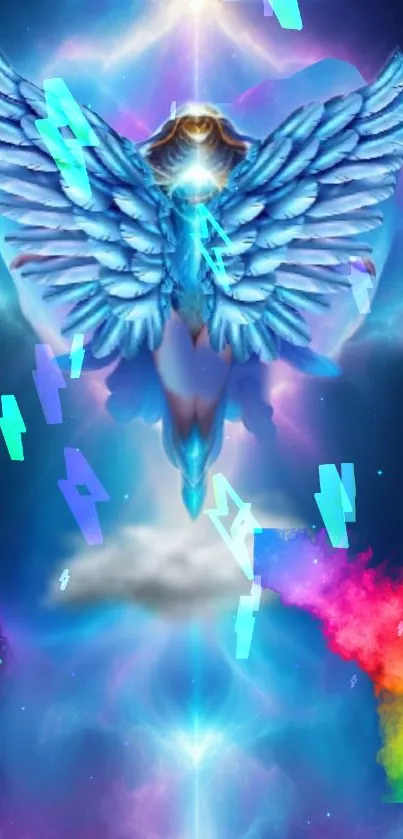 Mystical blue angel with cosmic background wallpaper.