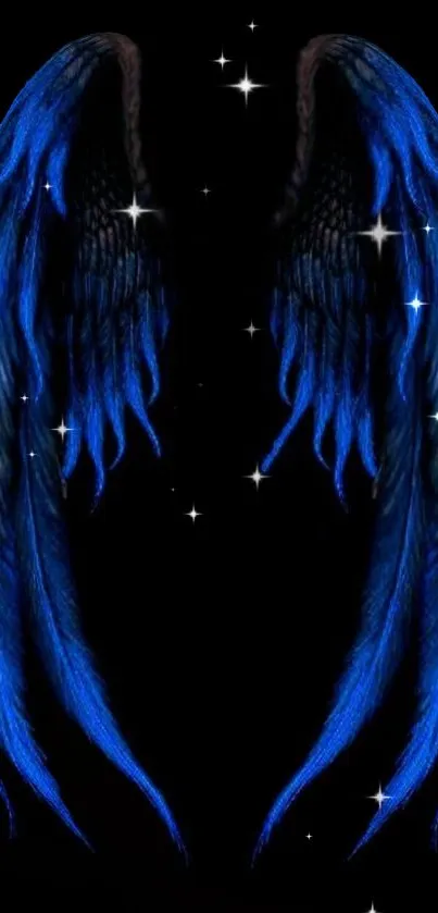 Vivid blue angel wings on a starry black background.