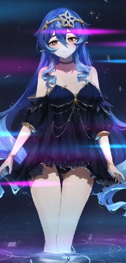 Anime character with blue hair and dress standing in water.