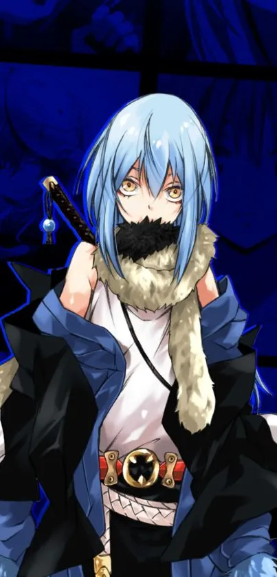 Anime character with blue hair and a mystical background.