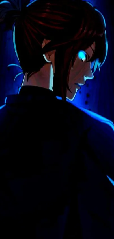 Anime character with glowing blue eyes in a dark setting.