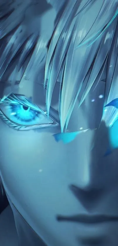 Anime character with mystical blue eyes glowing in the dark.