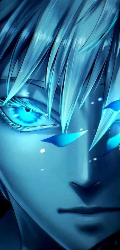 Blue anime character with piercing eyes and mystical elements.