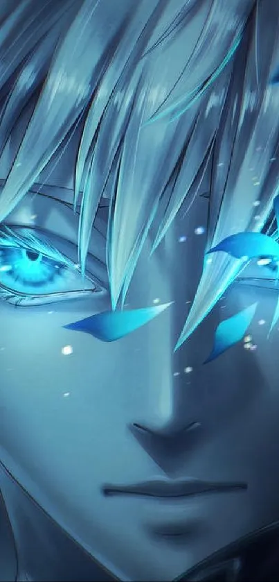 Mystical blue anime character with glowing eyes.