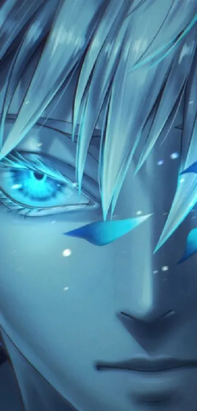 Anime character with vivid blue eyes and hair, mystical and captivating design.