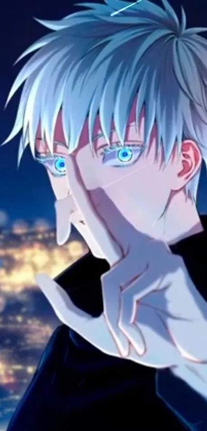 Anime character with blue eyes and white hair against a neon city backdrop.