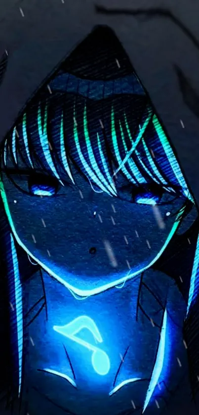 Mystical anime character in dark blue with glowing neon accents.