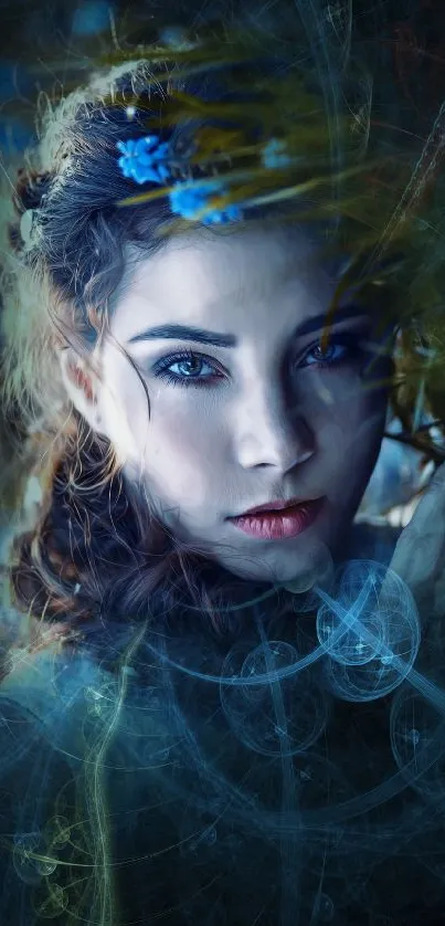 A mystical face with a swirling blue aura, perfect for a mobile wallpaper.