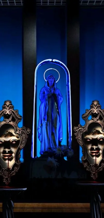 Ornate blue wallpaper with divine statue and masks.