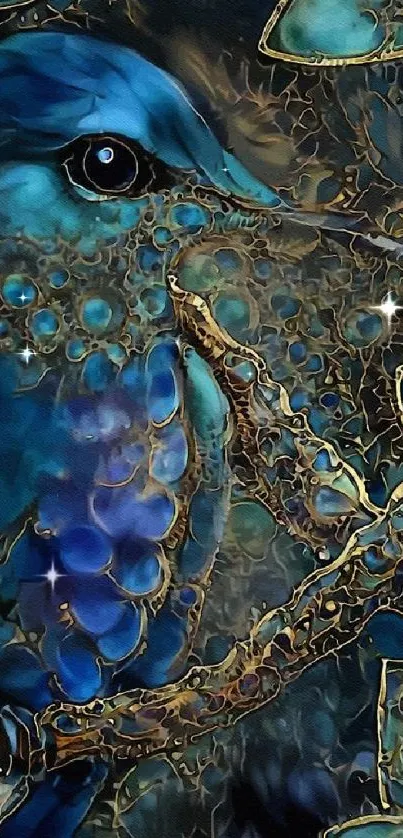 Mystical blue bird art wallpaper with intricate textures.