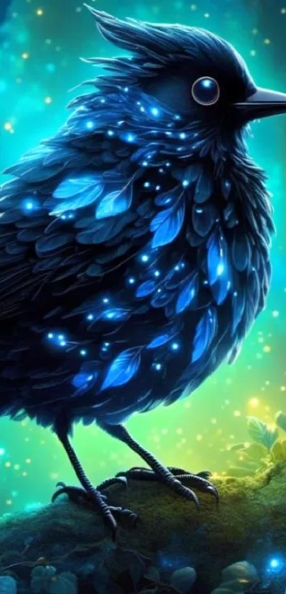 Mystical blue bird glowing in a fantasy forest setting.