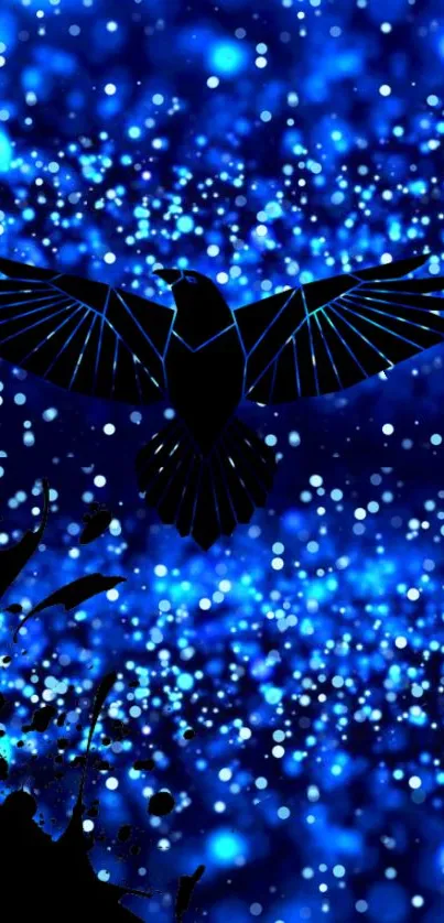 Blue bird soaring in a mystical glowing night landscape.