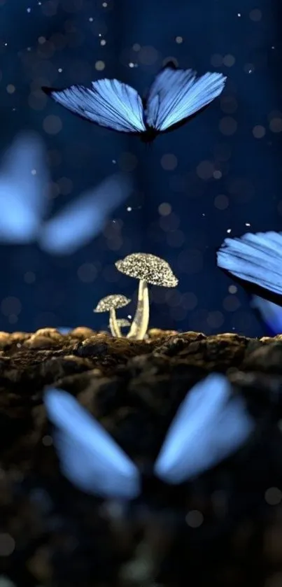 Mystical blue butterflies over glowing mushrooms in a dark, enchanting scene.