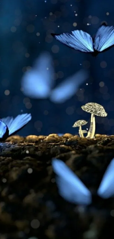 Magical blue butterflies and glowing mushrooms in a dark forest wallpaper.