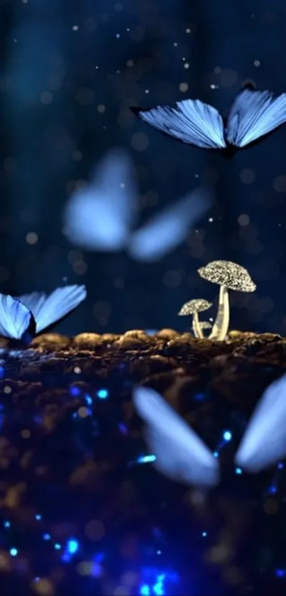 Mystical wallpaper with blue butterflies and luminous mushrooms.