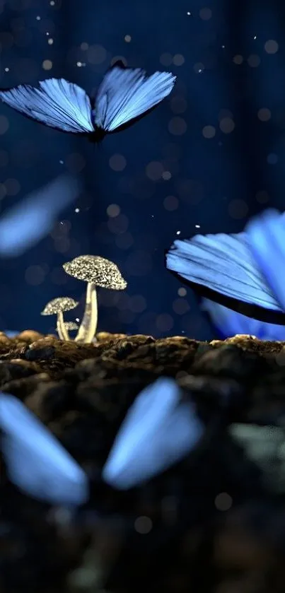 Blue butterflies and mushrooms in a mystical forest wallpaper.