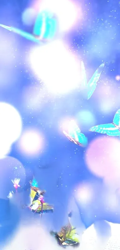 Blue butterflies float among dreamy lights.