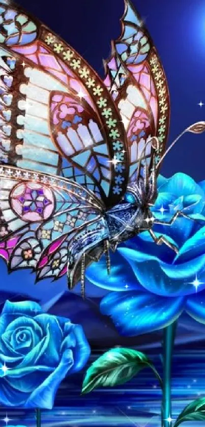 Vibrant blue butterfly on glowing roses with moonlit background.