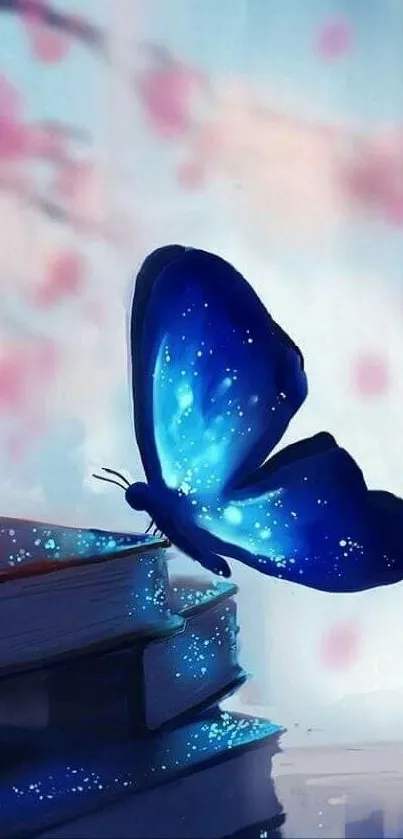 Mystical blue butterfly on books with dreamy background.