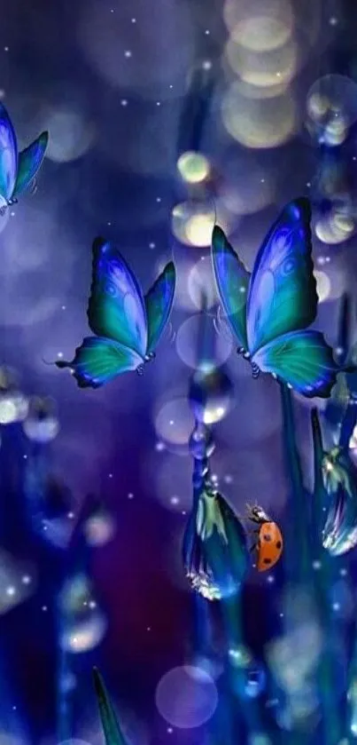 Blue butterflies with bokeh background in nature-themed wallpaper.