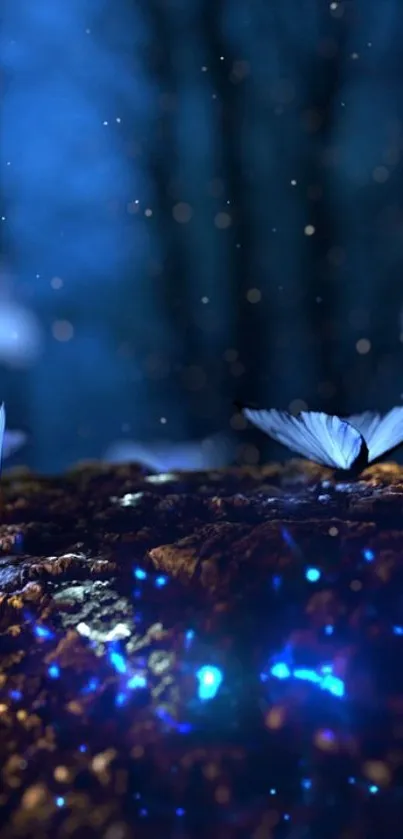 Mystical blue butterflies glow in a serene, enchanted forest setting.