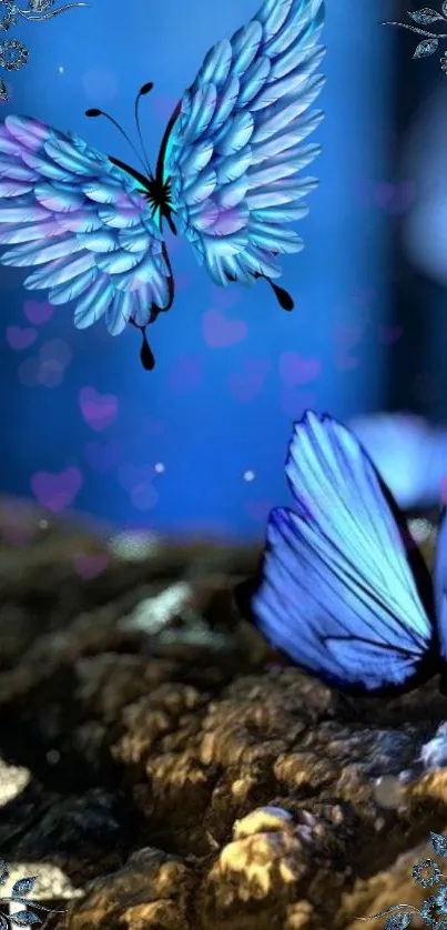 Blue butterflies in a mystical forest setting, perfect for mobile wallpaper.