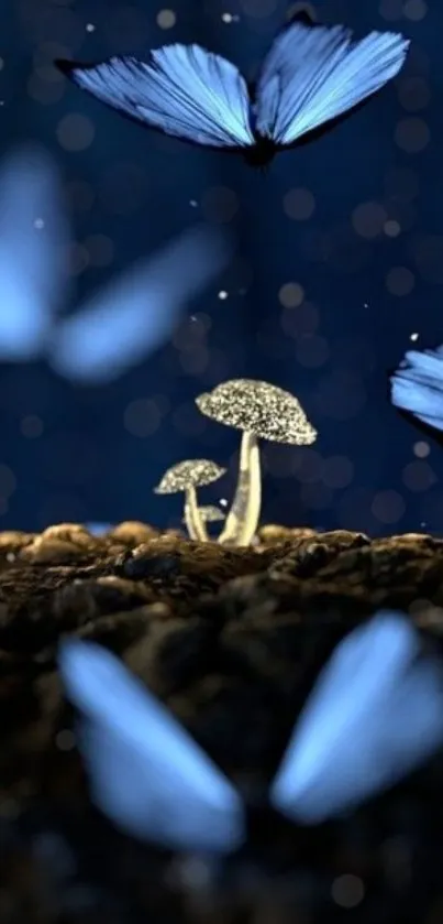 Mystical blue butterflies hover over glowing mushrooms in a nighttime forest scene.