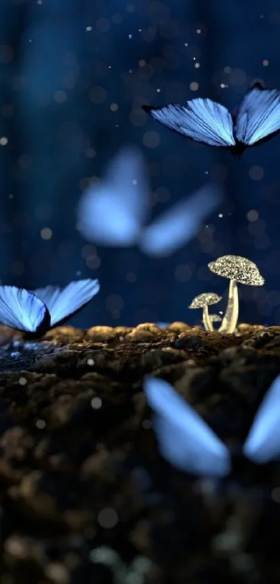 Blue butterflies flutter over a mystical, illuminated forest scene.