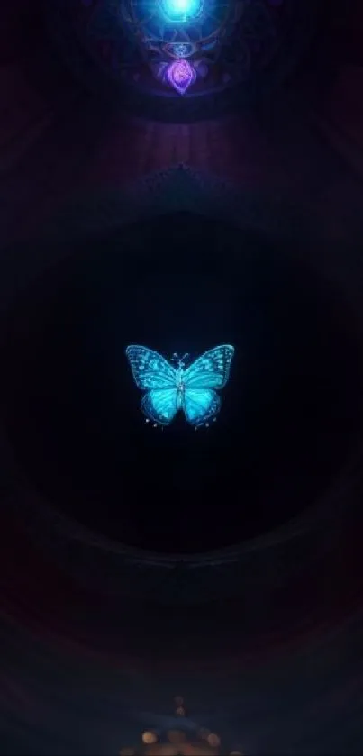 Mystical blue butterfly with a glowing aura on a dark background wallpaper.