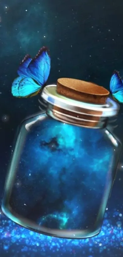 Mystical jar with blue butterflies and cosmic background.