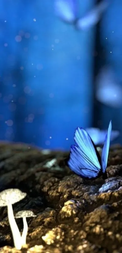 Mystical blue butterflies with glowing mushrooms in a forest scene.